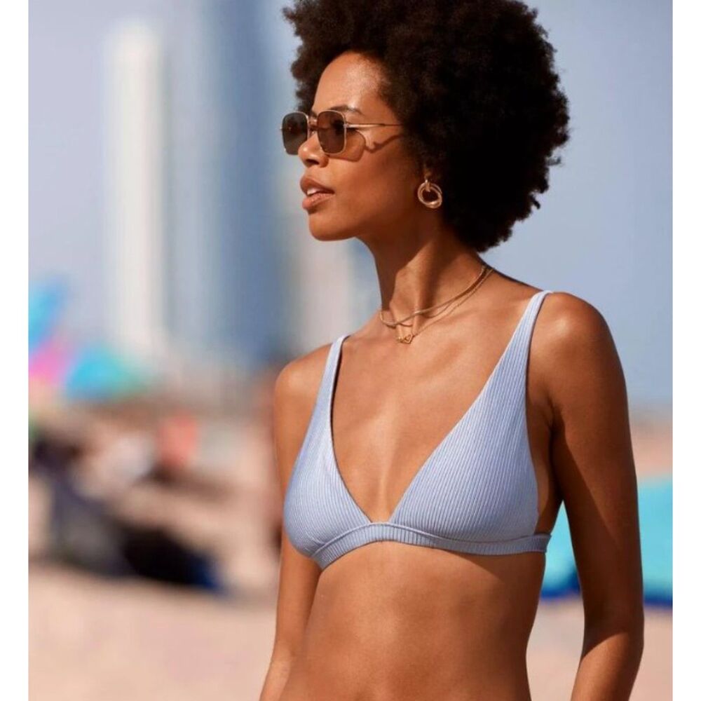 Aerie Shine Rib Longline High Apex Triangle Bikini Top in Monaco Blue XS NWT